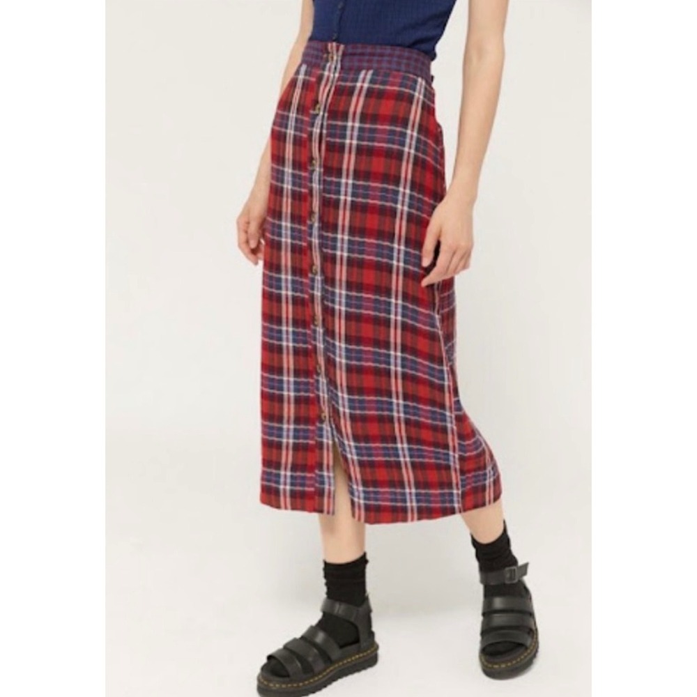 Urban Outfitters Jo Plaid Midi Skirt Red Blue Tartan Pencil S Grunge 90's Preppy